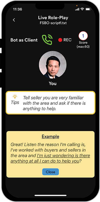 AskWisy Mobile Sales Simulator roleplay feature